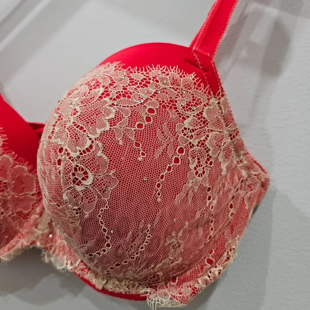 Victorias Secret Dream Angels Lined Demi Bra 38DD Red Ivory Lacey Rhinestones